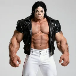 stoic michael jackson oversized muscular hulked powerlifter by neca!!! pretty! beautiful! shirtless muscular dark eye sockets zombie white pants black sequined jacket very detailed realistic action figure by neca. face very close!! shot face shot head shot. in the style of tekken 5, character from mortal kombat, film still, bokehs