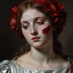 hyperrealism close - up mythological portrait of a medieval woman's shattered face partially made of crimson color flowers in style of classicism, pale skin, wearing silver dress, dark and dull palette