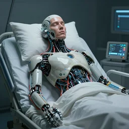 an intricate concept art of a man in the hospital waking up in the future, experimental human robot, electronic wires connected to his body concept art, matte painting, style by dylan cole and tyler edlin art, hyper realistic, sci - fi, environment design, low - angle, unreal engine, epic lighting,