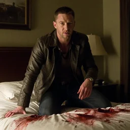 film still of Tom Hardy as Max Payne in bedroom with a bed with bloody sheets in the Max Payne movie, 4k