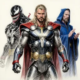 a sketch of a robotic suit based on thor the god of thunder and a wizard in a blue robe | venom movie, robot knight | ~ ~ cinematic ~ ~ lighting | award - winning | closeup portrait | by donato giancola and mandy jurgens and charlie bowater | featured on artstation | pencil sketch, dramatic lighting, black shading