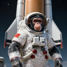 a chimp dressed as an astronaut in front of a spacex rocket, from love death and robots ( 2 0 1 9 ). render octane, digital art, digital influence of time and space. coherent portrait, intricate, elegant, suspense environment, digital photo, trending on artstation, hdr photo, smooth, sharp focus