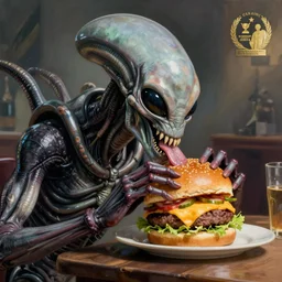 alien xenomorph eating a cheeseburger, painted by norman rockwell