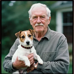 proud old man holds his prizewinning jack russell terrier, kodak portra 4 0 0 highly detailed rule of thirds golden triangle