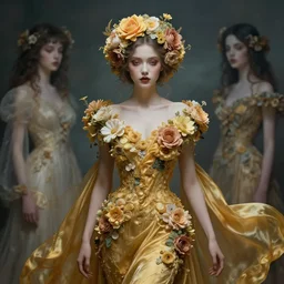 a stunning elegant girl made of flowers and golden silks. ethereal horror fantasy art by greg rutkowski and magali villanueve and monet, concept art, smooth, cinematic lighting, 8 k resolution