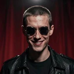 portrait of a slender man with short hair and rounded sunglasses, malevolent smile, atmospheric and obscure, under a spotlight, against a red curtain, by gregory crewdson, joaquin sorolla, syd mead, detailed, 5 0 mm