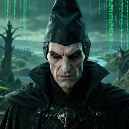 an ultra realistic cinematic close up headshot portrait of an evil wizard, background of a vast serene landscape with trees and rivers in the matrix, matrix code, detailed, deep focus, movie still, dramatic lighting, ray tracing, by michal karcz and ryoji ikeda
