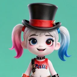 lofi portrait of harley quinn, wearing a tophat, Pixar style, by Tristan Eaton Stanley Artgerm and Tom Bagshaw.