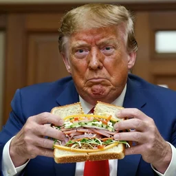 Donald trump making sandwiches at subway with an unhappy face, extreme detail