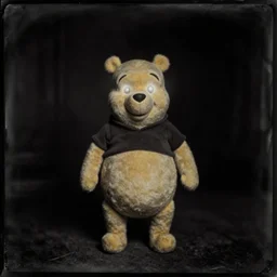 daguerreotype photograph of [ winnie the pooh ] with [ [ [ [ [ [ glowing eyes ] ] ] ] ] ] standing creepily in the middle of a pitch black room, pitch black, light coming only from his eyes, creepy, dramatic lighting