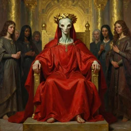 beautiful oil painting, high details, alien in royal crimson robes enthroned as the alien god emperor of ancient civilization surrounded by servants in gilded halls a golden wreath upon his head, by anders zorn, wonderful masterpiece by greg rutkowski, beautiful cinematic light, american romanticism, by giger, rolf armstrong, ernie barnes