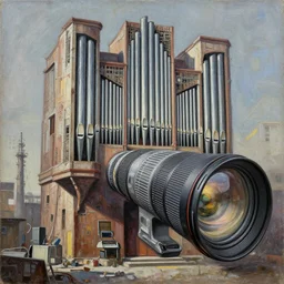telephoto lens, pipe organ war machine designed by goya, detailed brutalist painting, found footage