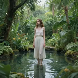a girl standing inside a botanical garden filled with water by Anna Dittmannand, digital art. surreal. trending on artstation, HD, 8K, highly detailed, good lighting. beautiful. epic,