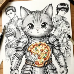 Kitten with armor made of pizza, pen and ink, intricate line drawings, by Yoshitaka Amano, Ruan Jia, Kentaro Miura, Artgerm, detailed, trending on artstation, hd, masterpiece,