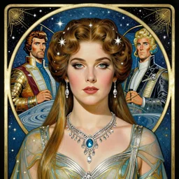 Katie Mcgrath as  the princess Ardala , buck rogers , a beautiful art nouveau portrait by Gil Elvgren, beautiful sci-fi space environment, front centred symmetrical composition, defined features, silver jewellery, stars in her gazing eyes