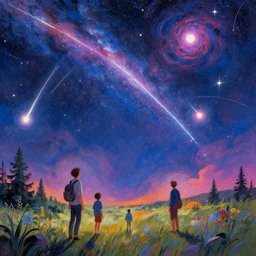 colorful ilya kuvshinov, mcbess, rutkowski, illustration of an amazing meteor shower
