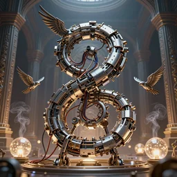 an immaculate render of a metallic spiral made of old modular robot parts spawning cables and bird wings floating in a temple surrounded by glowing orbs made from chrome and incense smoke, powerful, cinematic, beautifully lit, by craig mullins, by galan pang, 3 d, trending on artstation, octane render, 8 k