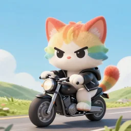 Wide view of cute angry rainbow fluffy kitten wearing black jacket riding motorcycle over hill, anime