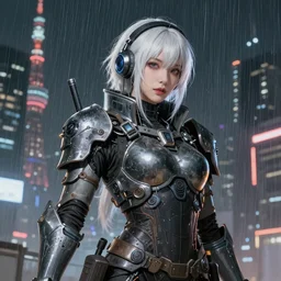 An epic fantastic realism comic book style portrait painting of a female cyber warrior, dieselpunk armor,  white hair korean, porcelain pale skin, cyberpunk color raining tokyo everywhere, Concept world Art,  unreal 5, DAZ, hyperrealistic, octane render, cosplay, RPG portrait, dynamic lighting
