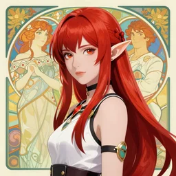 beautiful portrait of aloy from horizon zero dawn, long red hair and pale skin, elf, trending on artstation, bright colors, by wlop, by kan liu, by alphonse mucha, by geoffrey chan, art nouveau