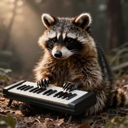 a raccoon playing a keytar.