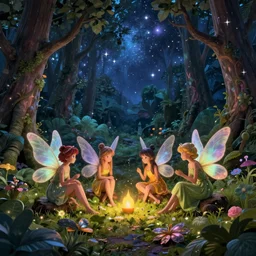 fairies meeting in enchanted forest, starry night, art station inspired, octane render, 8 k, - hd