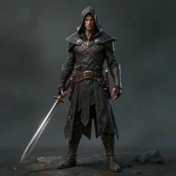 a serious hooded half elf middle aged male rogue, strong, full body, 8 k, hyperrealistic, lowlife, ruffian, hyperdetailed, fantasy portrait by laura sava
