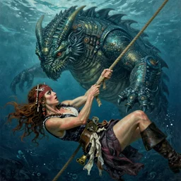 intense conceptual art of a scene from pirates of the caribbean, norwegian sea monster draugen beneath the water, a woman grabbing on to a rope fighting for her life above the water greg rutkowski and ilya kuvshinov, masterpiece illustration, ultrarealistic, perfect face and anatomy, golden ratio