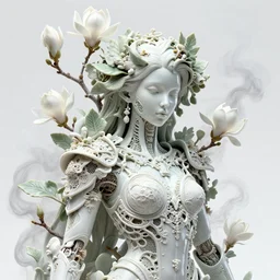 dreamt in 2 3. 7 7 s for @ abdu's! dream complex intricate 3 d render hyper detailed ultra sharp of a cyborg beautiful porcelain smooth woman portrait with big leaves and stems in her hair, white magnolia, overgrown foliage, fungi pores mesh, white ornate armor, vincent callebaut, swirling smoke, white background, octane, 8 k,
