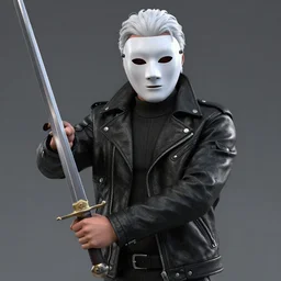 render of man with a open black leather jacket, white theatre mask covers the whole face, black eyes, white hair, holding a sword!! studio lighting, very detailed, unreal engine, hight quality render!!!!, professional lighting, good composition, rule of thirds, render, realistic, hot toys, full render shot