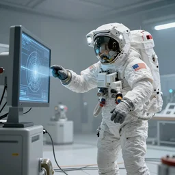 astronaut connected by a lot of cables to a supercomputer designed by Dieter Rams, cinematic lighting, haze, octane render, lens flare