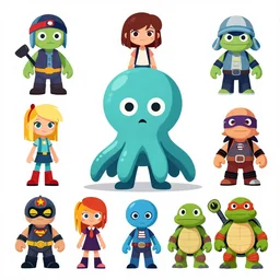friend shaped little vampire squid alien mutant race as playable character designs for the newest psychonauts video game made by double fine done by tim shafer with help from the artist for the band gorillaz and the artists from odd world inhabitant inc and Lauren faust from her work on dc superhero girls and lead artist Andy Suriano from rise of the teenage mutant ninja turtles on nickelodeon using the color character color choices from Nintendos Splatoon game franchise