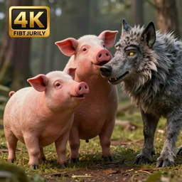 three little pigs tickling the wolf who is begging for mercy. cinematic lighting, unreal engine, 8 k, hd extremely detailed. 4 k. award winning. ultra realistic photo.