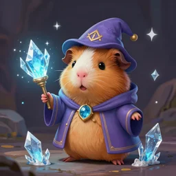cute little anthropomorphic Guinea Pig Mage using Ice Magic, tiny, small,  short, Wizard robe, cute and adorable, pretty, beautiful, DnD character art portrait, matte fantasy painting, DeviantArt Artstation, by Jason Felix by Steve Argyle by Tyler Jacobson by Peter Mohrbacher, cinematic lighting