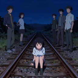 cute anime girl with short black hair, sits on an abandoned railway track leading to the end of the world, at midnight, clear night sky, detailed concept art illustration by akihiko yoshida and jean baptiste monge and makoto shinkai and wlop and and tsutomu nihei, 4 k artstation