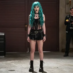 full - body film still of bella thorne as gwen from total drama island, teal hair, goth aesthetic, focus on facial details, focus on full - body, cinematic lighting, realistic shadows
