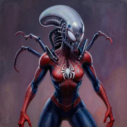 realistic portrait beautiful painting of spiderwoman mutate into a xenomorph. horror, created by thomas kinkade.