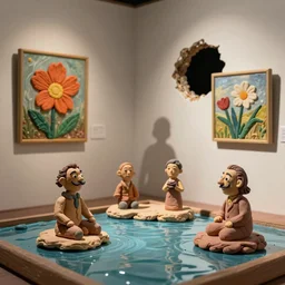 plasticine sculpture stop motion. john craxton. salvador dali clay models. visitor. shadows. gallery paintings of flower. water floor. room with a hole in wall. high detail. photorealistic