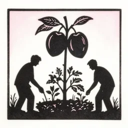 black linocut silhouettes of men in a garden growing plants with two connected plums hanging on top of plant, black on pink on white