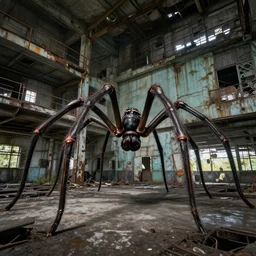 a giant spider and a man in an abandoned industrial complex, intricate details, cinematic, wide angle