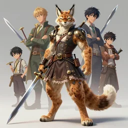 wide angle beautiful full body portrait of a strong male anthropomorphic anthro lynx fursona wearing a steampunk dress surrounded by floating swords. character design by disney, anime, manga, charlie bowater, ross tran, artgerm, and makoto shinkai, detailed, soft lighting, rendered in octane, light brown fur