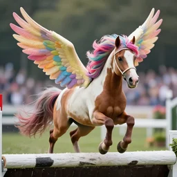 action shot from a distance of 2 0 m of a hybrid my little pony ( appaloosa horse ), with unfurled wings, saturated colored mane, a horse is at a steeplechase event, professional, high quality, 4 k, dof, bokeh, action, dramatic lighting, photorealistic, detailed, hq, photorealism, digital art