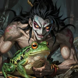 scary godlike anime fairy eating , a frog , muscular , upper body , epic , traditional makeup , gorgeous features , Post-processing , low angle , Greg rutkowski legendary matte painting , masterpiece