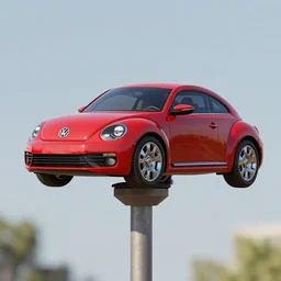red beetle car on top of a pole, photorealistic, fine details, highly detailed, m, ultra detailed, colorful
