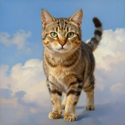 A painting of a cat under the sky, by (Ross Tran, Norman Rockwell, Leonardo da Vinci), beautiful clouds, hind legs, strong facial features, Trending on Artstation