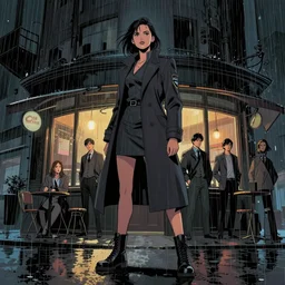 young female detective long tailored overcoat, dress, combat boots, in a dark city in the rain, in front of a night cafe, surreal, comic book, low angle, wide angle, concept art by stuart immonen, warren ellis, rafael albuquerque, shinji aramaki, greg rutkowksi, andrew ferez