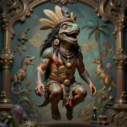 hyperrealistic hyper detailed neo-surreal close-up 35mm portrait of levitating psychedelic shaman covered in dinosaur tattoos, rococo matte painting concept art very dramatic lighting low angle hd 8k sharp shallow depth of field
