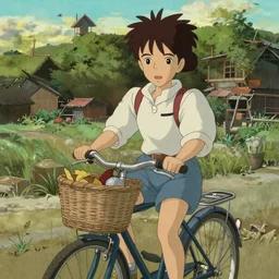 a young girl riding a bike with a basket in a small town, 1970s philippines, art by hayao miyazaki, studio ghibli film, hi res, 4k, detailed!!!!!!! face!!!!!!!