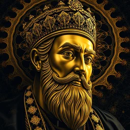 detailed abdel halim hafez golden statue, by james gurney + intricate and vibrant gold line work + tarot card + mandelbulb fractal + full of black layers + portrait + trending on artstation + incredible gold and black gothic illustration + exquisite detail