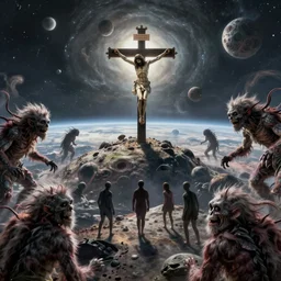 jesus christ crucifixion in distance on an alien planet by beksinski, wide angle, beksinski monsters around, fantasy, scary, award winning 8k high detail highly detailed